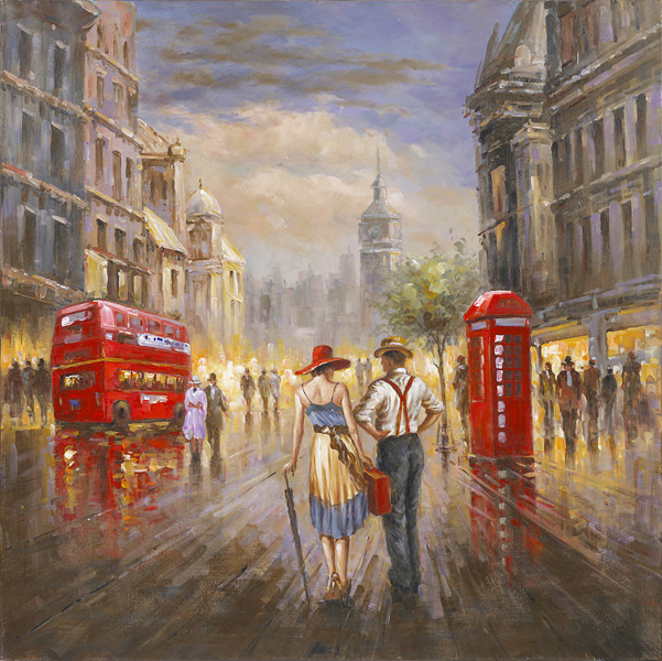 PXYW571B Wall décor art oil on canvas streetscene London red brown tones